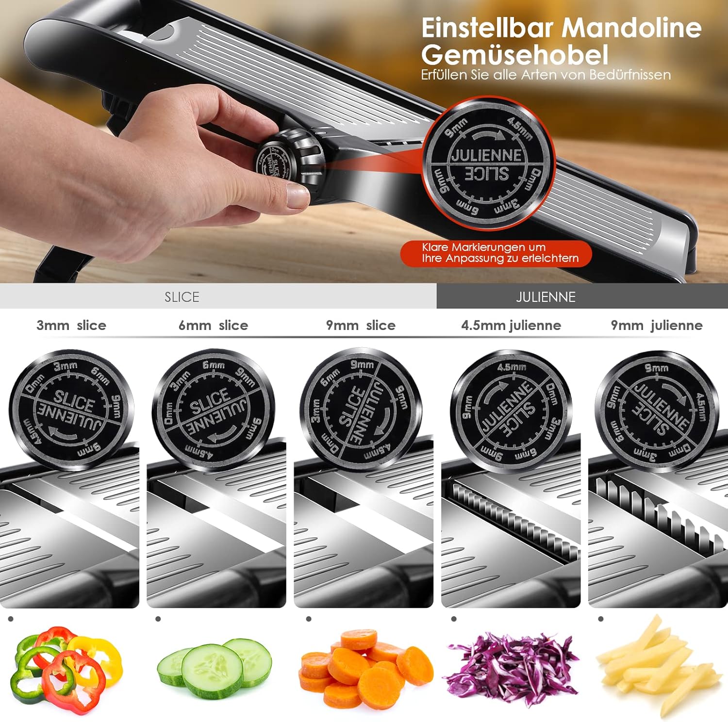 Mandolina Professionale Regolabile in Acciaio – Fette da 1 a 9 mm + Taglio Julienne - immagine 5