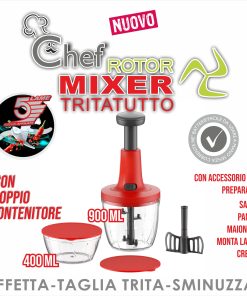Mixer Tritatutto Manuale, 5 Lame acciaio Inox, Trita Verdure Manuale, Frullatore Manuale Taglio di Cipolla Manuale Tritaverdure, press Chopper, Contenitore 900 + 500 ml