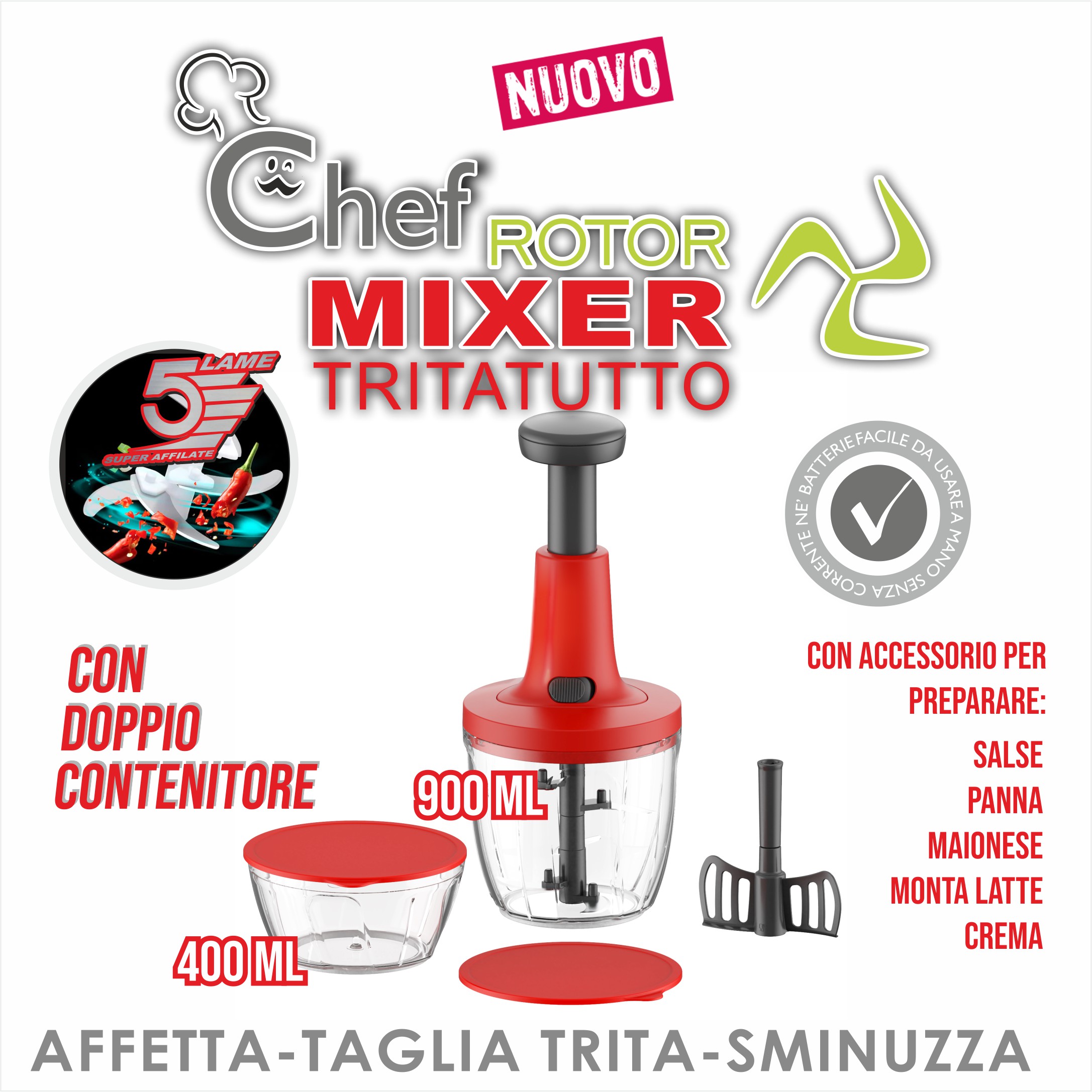 Mixer Tritatutto Manuale, 5 Lame acciaio Inox, Trita Verdure Manuale, Frullatore Manuale Taglio di Cipolla Manuale Tritaverdure, press Chopper, Contenitore 900 + 500 ml