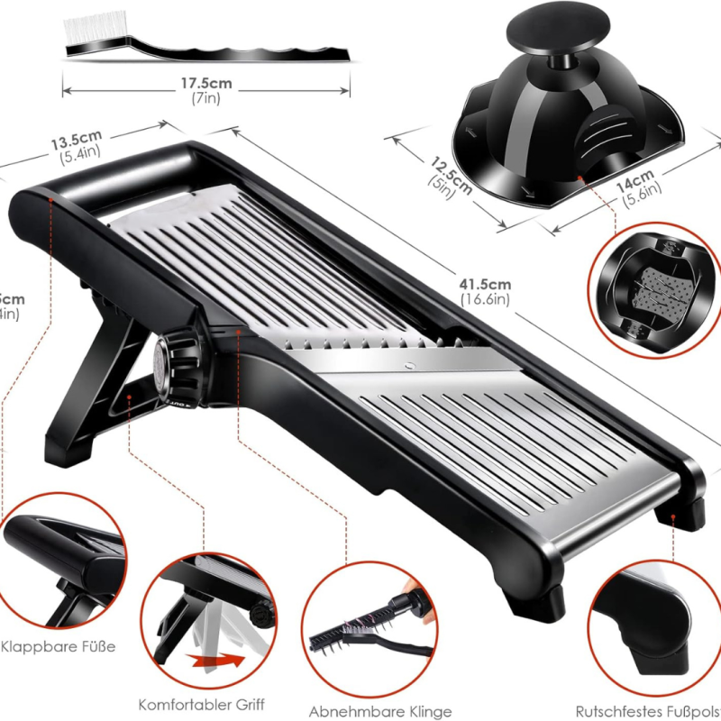 Mandolina da cucina nera in acciaio inox regolabile con lame intercambiabili e supporto antiscivolo