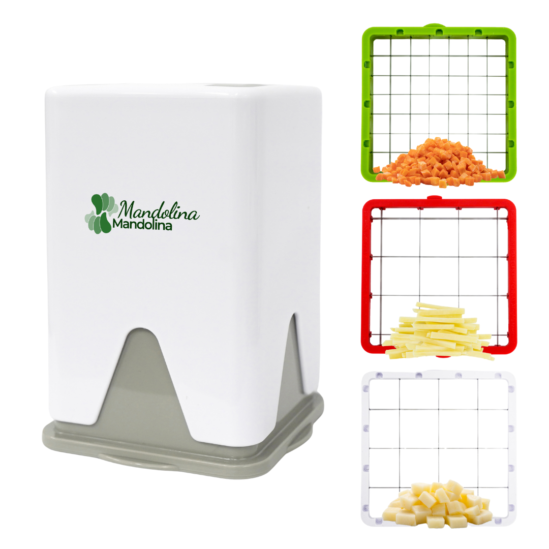 Taglia patate manuale bianco con griglie intercambiabili per diversi tagli di patatine, marchio Mandolina Mandolina